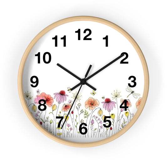 Floral Garden Wall Clock - Bohemian Decor, Home Office Clock, Gift for Nature Lovers, Rustic Wall Art
